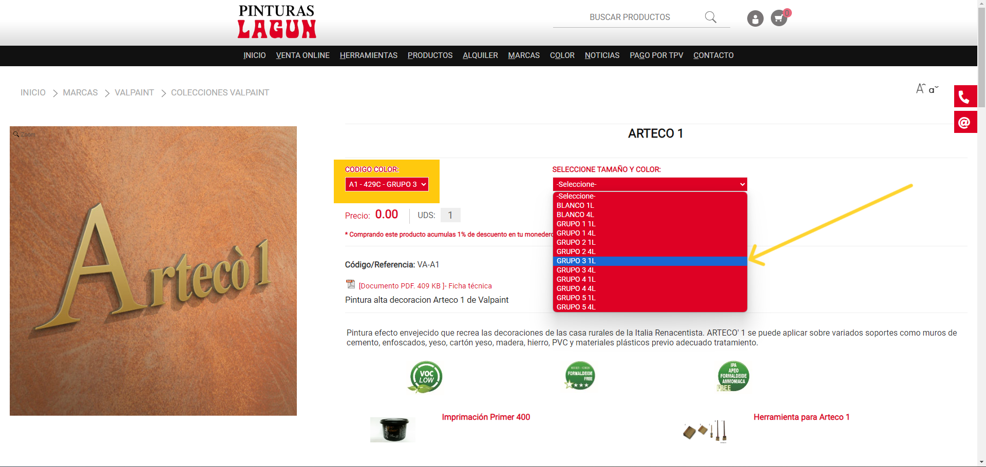 Seleccionar grupo y tama&ntilde;o Artec&oacute; 1